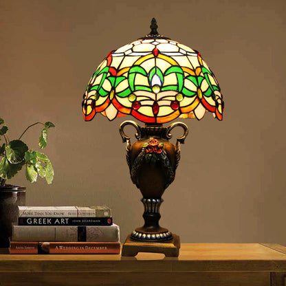 Yellow/Green Domed Desk Lighting Mediterranean 1 Light Hand Cut Glass Blossom Patterned Night Lamp with Trophy Base Green Clearhalo 'Lamps' 'Table Lamps' Lighting' 894582