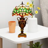 Yellow/Green Domed Desk Lighting Mediterranean 1 Light Hand Cut Glass Blossom Patterned Night Lamp with Trophy Base Clearhalo 'Lamps' 'Table Lamps' Lighting' 894583