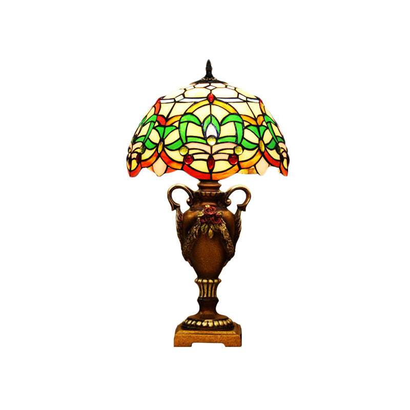 Yellow/Green Domed Desk Lighting Mediterranean 1 Light Hand Cut Glass Blossom Patterned Night Lamp with Trophy Base Clearhalo 'Lamps' 'Table Lamps' Lighting' 894584