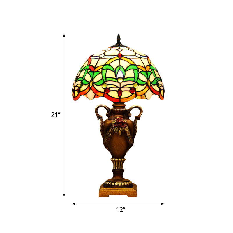 Yellow/Green Domed Desk Lighting Mediterranean 1 Light Hand Cut Glass Blossom Patterned Night Lamp with Trophy Base Clearhalo 'Lamps' 'Table Lamps' Lighting' 894585