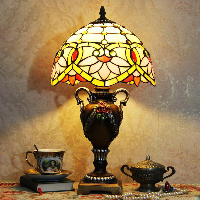 Yellow/Green Domed Desk Lighting Mediterranean 1 Light Hand Cut Glass Blossom Patterned Night Lamp with Trophy Base Pink Clearhalo 'Lamps' 'Table Lamps' Lighting' 894586
