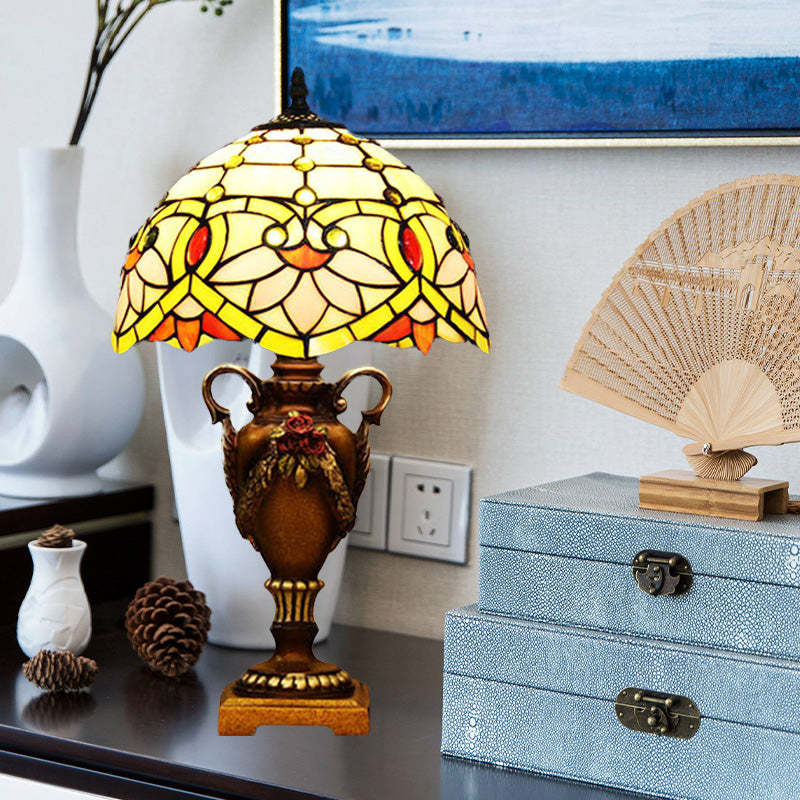 Yellow/Green Domed Desk Lighting Mediterranean 1 Light Hand Cut Glass Blossom Patterned Night Lamp with Trophy Base Clearhalo 'Lamps' 'Table Lamps' Lighting' 894588