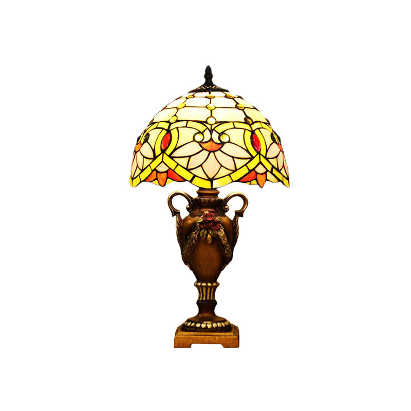 Yellow/Green Domed Desk Lighting Mediterranean 1 Light Hand Cut Glass Blossom Patterned Night Lamp with Trophy Base Clearhalo 'Lamps' 'Table Lamps' Lighting' 894589