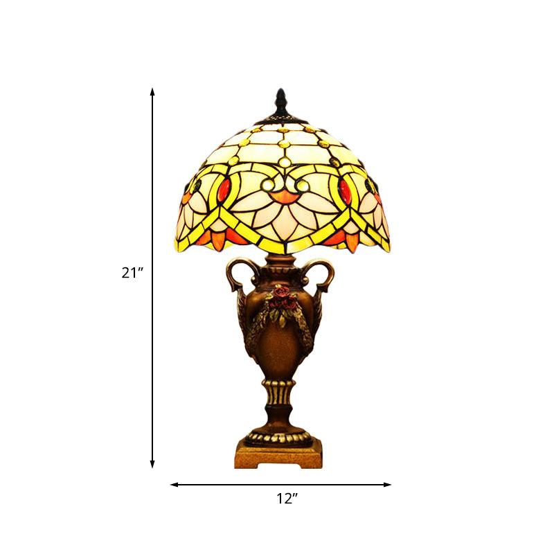 Yellow/Green Domed Desk Lighting Mediterranean 1 Light Hand Cut Glass Blossom Patterned Night Lamp with Trophy Base Clearhalo 'Lamps' 'Table Lamps' Lighting' 894590