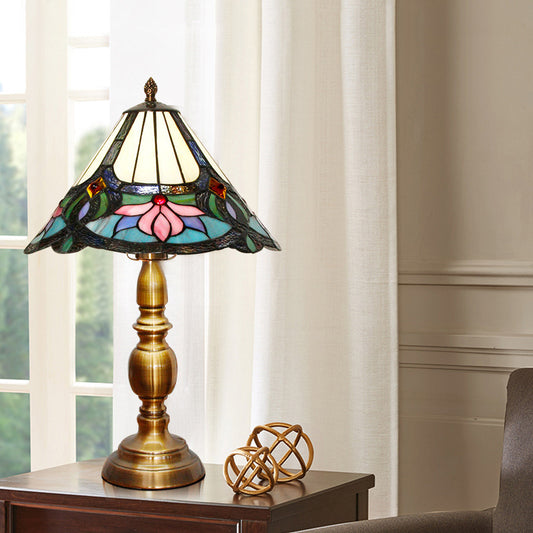 1-Light Table Light Baroque Conical Hand Cut Glass Lotus Patterned Desk Lighting in Brushed Brass Clearhalo 'Lamps' 'Table Lamps' Lighting' 894632