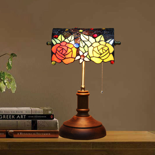 1 Light Table Lamp Baroque Rose Stained Art Glass Pull Chain Night Lighting in Dark Brown Clearhalo 'Lamps' 'Table Lamps' Lighting' 894672