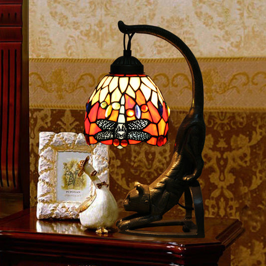 Red/Green 1-Bulb Table Lighting Tiffany Style Stained Glass Dragonfly Patterned Night Lamp with Cat-Shaped Base Red Clearhalo 'Art deco wall lights' 'Cast Iron' 'Glass' 'Industrial' 'Middle century wall lights' 'Modern' 'Night Lights' 'Tiffany wall lights' 'Tiffany' 'Traditional wall lights' 'Wall Lights' Lighting' 894675