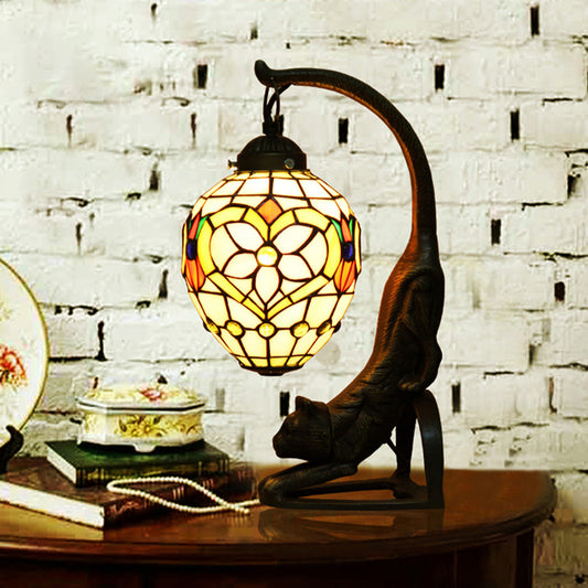 Droplet Desk Lamp Tiffany Style Hand Cut Glass 1 Light Bronze Finish Cat Nightstand Light with Flower Pattern Clearhalo 'Art deco wall lights' 'Cast Iron' 'Glass' 'Industrial' 'Middle century wall lights' 'Modern' 'Night Lights' 'Tiffany wall lights' 'Tiffany' 'Traditional wall lights' 'Wall Lights' Lighting' 894688