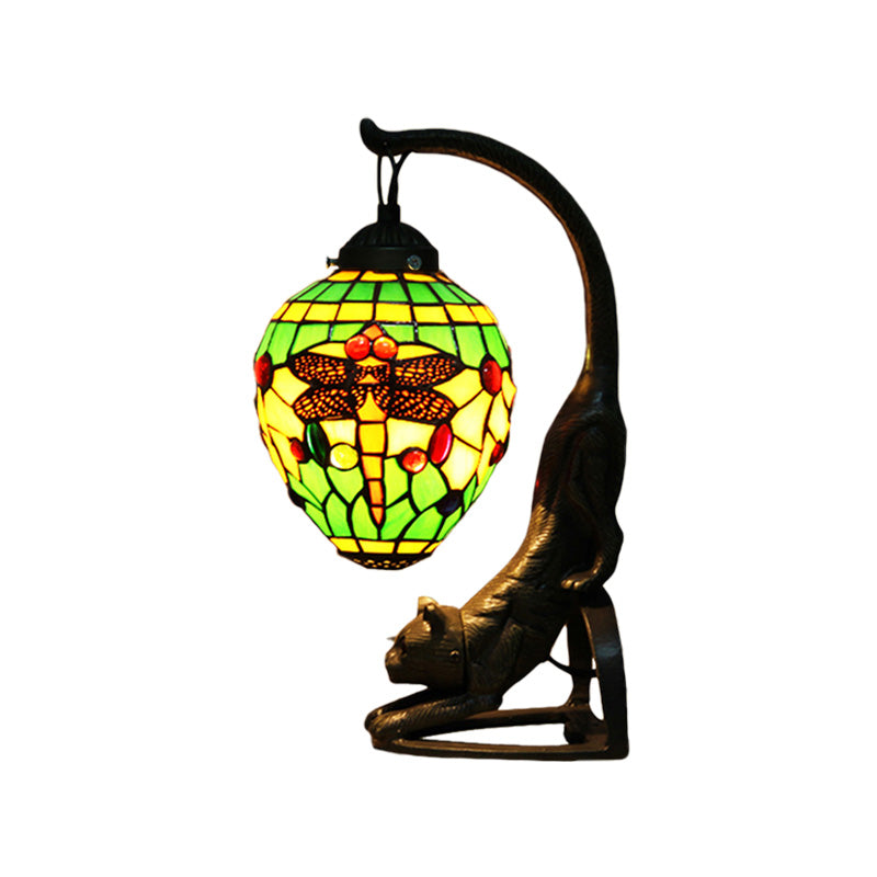 Cut Glass Dragonfly Desk Lighting Baroque Style 1 Light Red/Green Cat Table Light for Bedroom Clearhalo 'Art deco wall lights' 'Cast Iron' 'Glass' 'Industrial' 'Middle century wall lights' 'Modern' 'Night Lights' 'Tiffany wall lights' 'Tiffany' 'Traditional wall lights' 'Wall Lights' Lighting' 894698