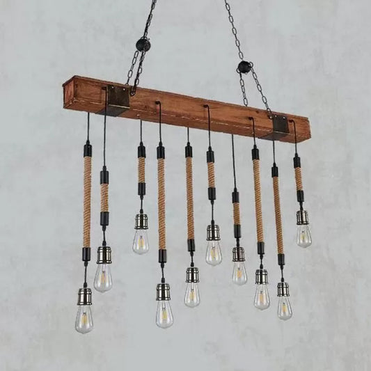 Multi-Light Open Bulb Island Light Rustic Beige Rope and Metal Hanging Ceiling Light with Wooden Beam Beige Clearhalo 'Ceiling Lights' 'Island Lights' Lighting' 89578