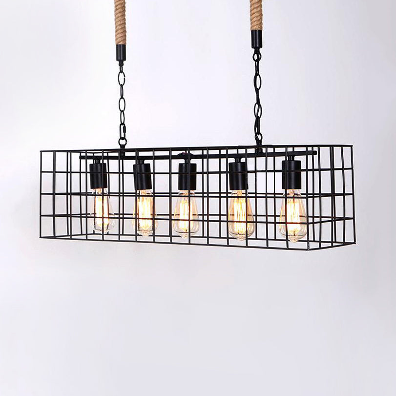 5 Bulbs Hanging Lamp Industrial Stylish Rectangle Cage Shade Metal Island Lighting in Black for Bar Black Clearhalo 'Ceiling Lights' 'Island Lights' Lighting' 89601