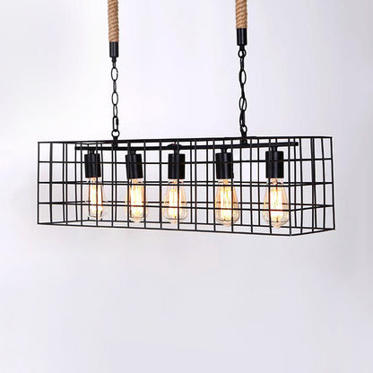 5 Bulbs Hanging Lamp Industrial Stylish Rectangle Cage Shade Metal Island Lighting in Black for Bar Black Clearhalo 'Ceiling Lights' 'Island Lights' Lighting' 89601