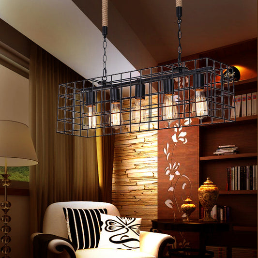 5 Bulbs Hanging Lamp Industrial Stylish Rectangle Cage Shade Metal Island Lighting in Black for Bar Clearhalo 'Ceiling Lights' 'Island Lights' Lighting' 89603