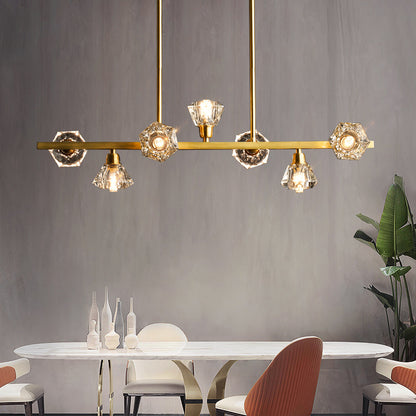 Linear Restaurant Island Lamp Postmodern Diamond Crystal Block 7 Lights Brass Pendant Brass Clearhalo 'Ceiling Lights' 'Island Lights' Lighting' 896076