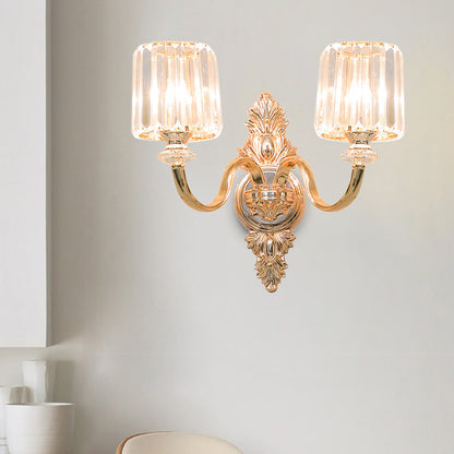 2-Bulb Wall Light Sconce Retro Cylinder Crystal Block Wall Mounted Lighting in Gold with Carved Backplate Gold Clearhalo 'Wall Lamps & Sconces' 'Wall Lights' Lighting' 897137