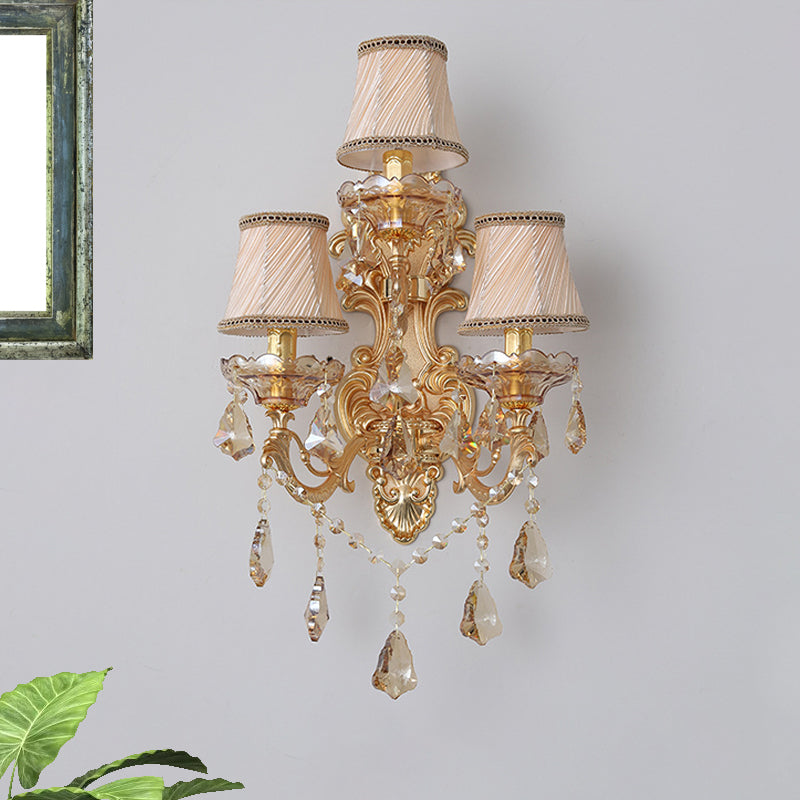 Bell Fabric Wall Sconce Classic 3 Lights Living Room Wall Light in Gold with Dangling Crystal Clearhalo 'Wall Lamps & Sconces' 'Wall Lights' Lighting' 897142