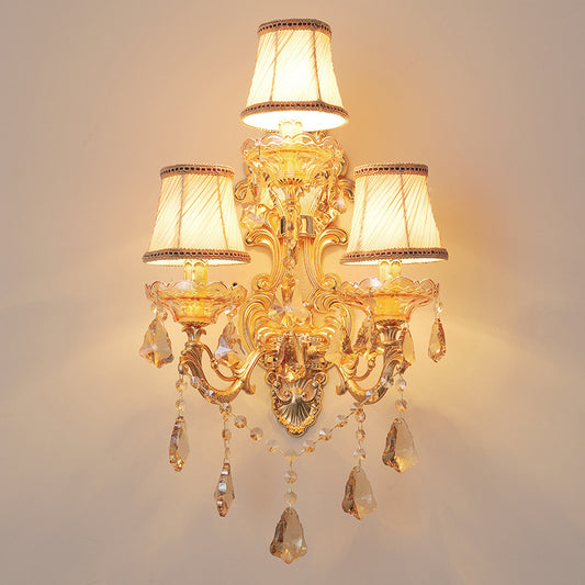Bell Fabric Wall Sconce Classic 3 Lights Living Room Wall Light in Gold with Dangling Crystal Clearhalo 'Wall Lamps & Sconces' 'Wall Lights' Lighting' 897143