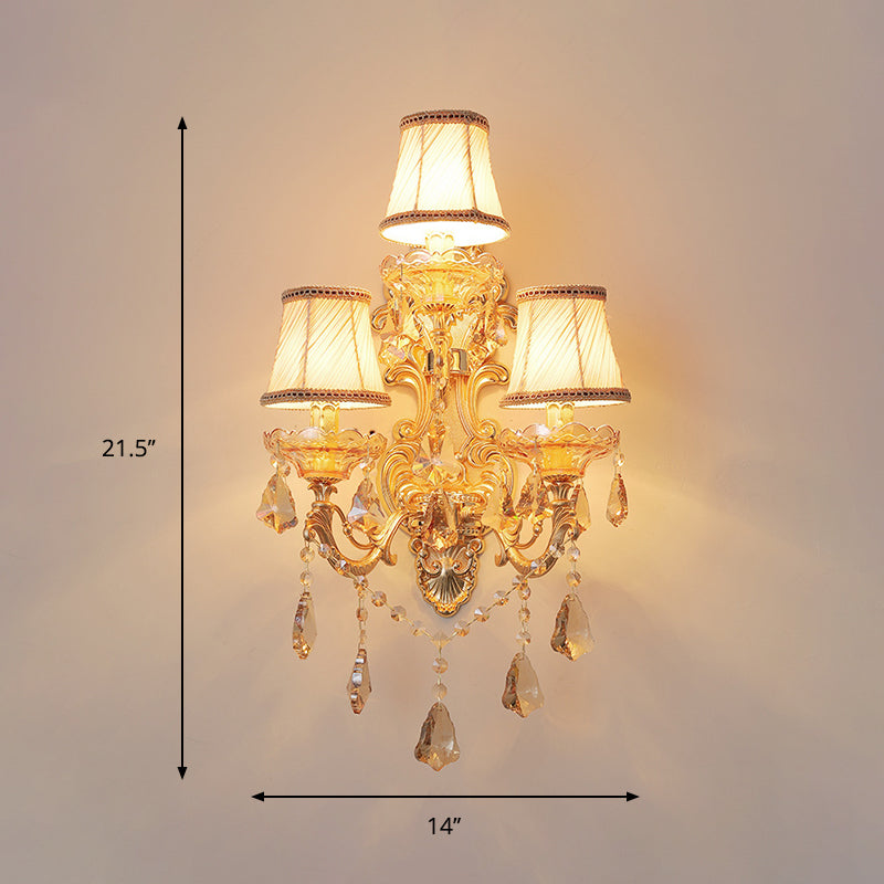 Bell Fabric Wall Sconce Classic 3 Lights Living Room Wall Light in Gold with Dangling Crystal Clearhalo 'Wall Lamps & Sconces' 'Wall Lights' Lighting' 897144