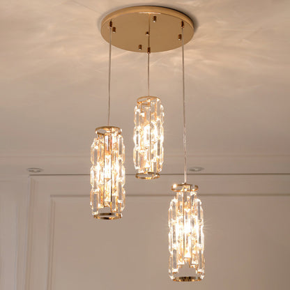 3-Head Multi Light Pendant Modern Bedroom Hanging Lamp with Column Crystal Shade in Gold Gold Clearhalo 'Ceiling Lights' 'Modern Pendants' 'Modern' 'Pendant Lights' 'Pendants' Lighting' 897157