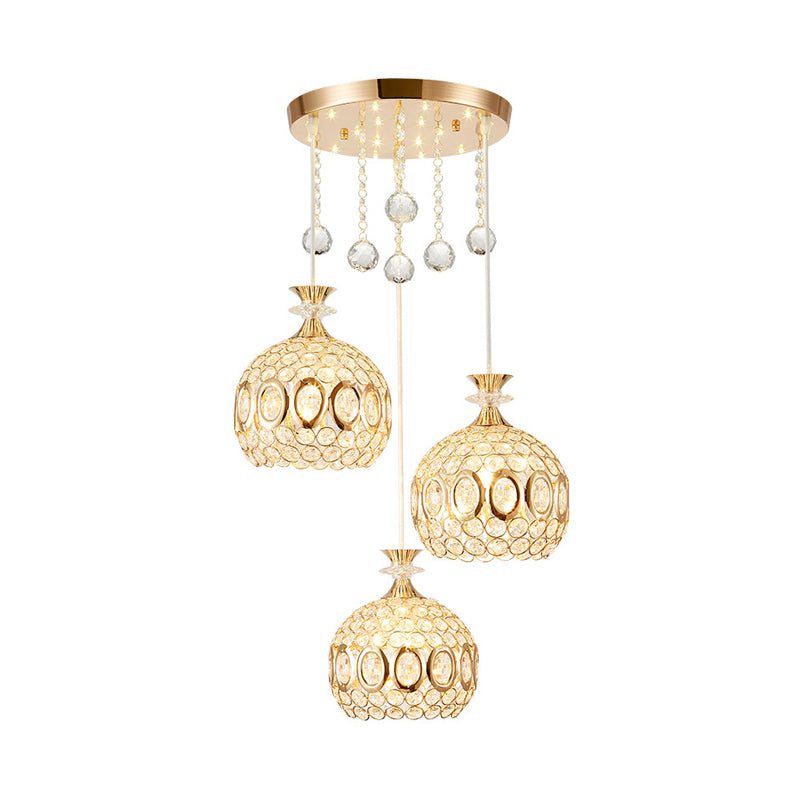 Crystal-Encrusted Dome Multi Pendant Light Modernism 3 Bulbs Hanging Ceiling Lamp in Gold Clearhalo 'Ceiling Lights' 'Modern Pendants' 'Modern' 'Pendant Lights' 'Pendants' Lighting' 897487