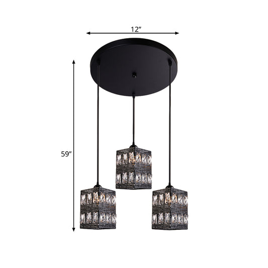Crystal Block Cuboid Shaped Pendulum Light Modernist 3-Light Black Finish Multiple Hanging Lamp Clearhalo 'Ceiling Lights' 'Modern Pendants' 'Modern' 'Pendant Lights' 'Pendants' Lighting' 897496