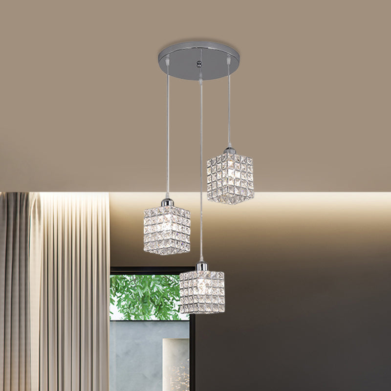 Chrome Cuboid Cluster Pendant Minimalist 3 Bulbs Beveled Crystal Ceiling Suspension Light Clearhalo 'Ceiling Lights' 'Modern Pendants' 'Modern' 'Pendant Lights' 'Pendants' Lighting' 897498