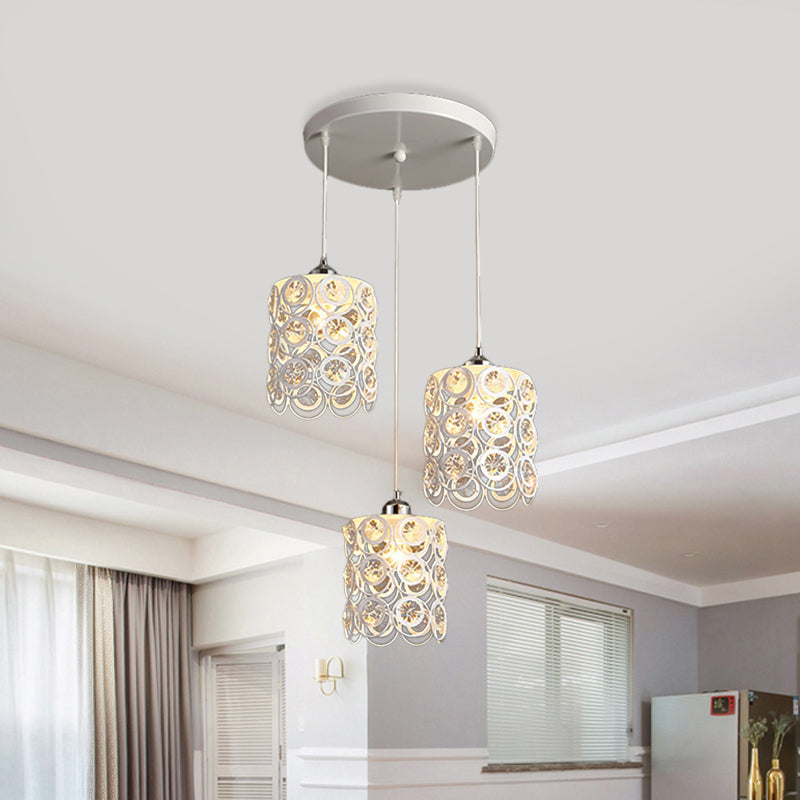 Cylinder Hanging Lamp Modernism K9 Crystal Embedded 3 Heads White Finish Multi Ceiling Light Clearhalo 'Ceiling Lights' 'Modern Pendants' 'Modern' 'Pendant Lights' 'Pendants' Lighting' 897502