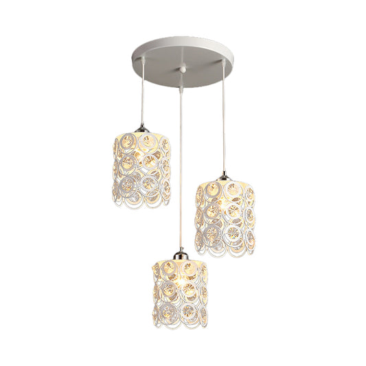 Cylinder Hanging Lamp Modernism K9 Crystal Embedded 3 Heads White Finish Multi Ceiling Light Clearhalo 'Ceiling Lights' 'Modern Pendants' 'Modern' 'Pendant Lights' 'Pendants' Lighting' 897503