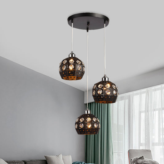 Dome Dining Room Suspension Light Crystal Embedded 3 Heads Modernist Multi Pendant Lamp Fixture in Black Black Clearhalo 'Ceiling Lights' 'Modern Pendants' 'Modern' 'Pendant Lights' 'Pendants' Lighting' 897505