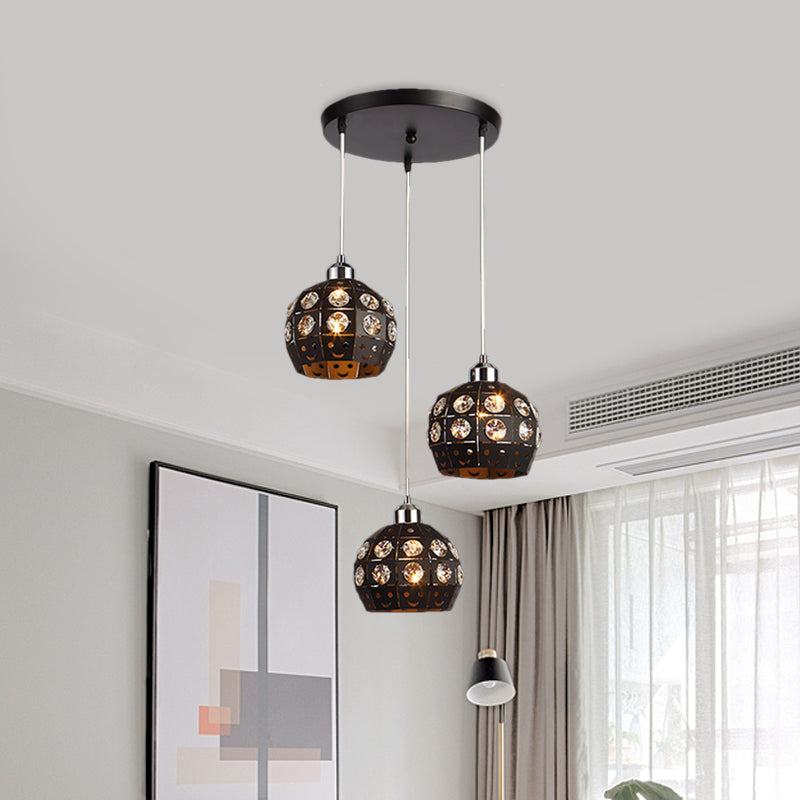 Dome Dining Room Suspension Light Crystal Embedded 3 Heads Modernist Multi Pendant Lamp Fixture in Black Clearhalo 'Ceiling Lights' 'Modern Pendants' 'Modern' 'Pendant Lights' 'Pendants' Lighting' 897506