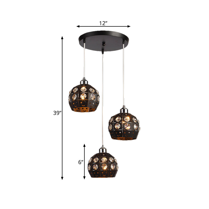 Dome Dining Room Suspension Light Crystal Embedded 3 Heads Modernist Multi Pendant Lamp Fixture in Black Clearhalo 'Ceiling Lights' 'Modern Pendants' 'Modern' 'Pendant Lights' 'Pendants' Lighting' 897508