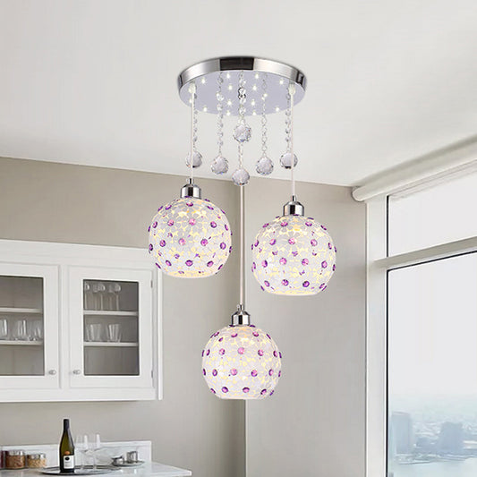 Sphere Multi-Pendant Modern Iron 3 Lights White Finish Ceiling Hang Fixture with Purple Crystal Bead Decor White Clearhalo 'Ceiling Lights' 'Modern Pendants' 'Modern' 'Pendant Lights' 'Pendants' Lighting' 897509