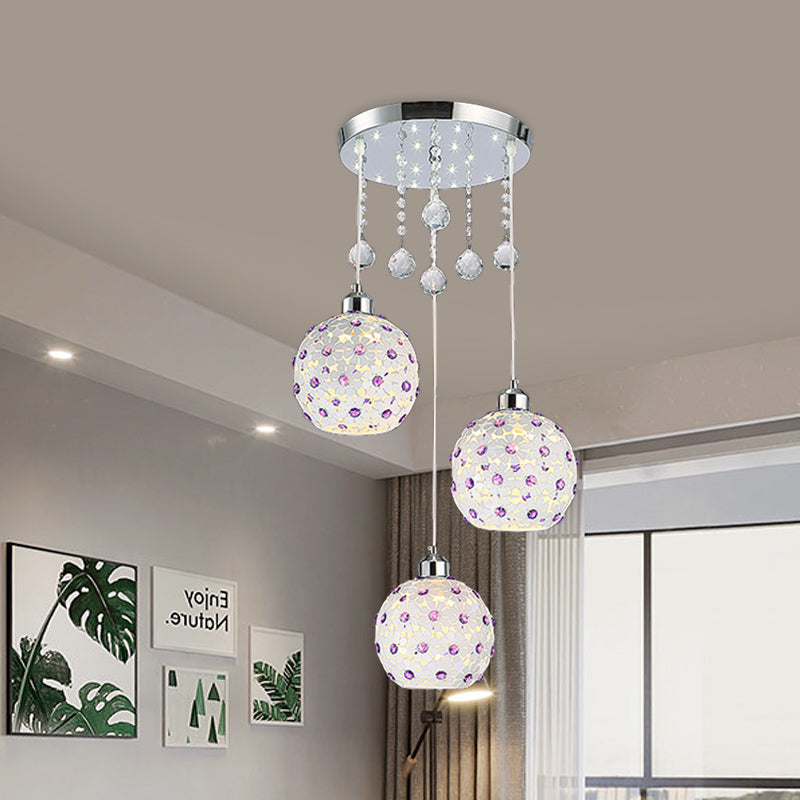 Sphere Multi-Pendant Modern Iron 3 Lights White Finish Ceiling Hang Fixture with Purple Crystal Bead Decor Clearhalo 'Ceiling Lights' 'Modern Pendants' 'Modern' 'Pendant Lights' 'Pendants' Lighting' 897510
