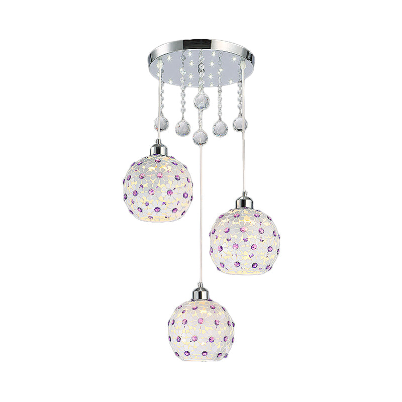 Sphere Multi-Pendant Modern Iron 3 Lights White Finish Ceiling Hang Fixture with Purple Crystal Bead Decor Clearhalo 'Ceiling Lights' 'Modern Pendants' 'Modern' 'Pendant Lights' 'Pendants' Lighting' 897511