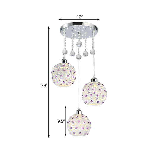 Sphere Multi-Pendant Modern Iron 3 Lights White Finish Ceiling Hang Fixture with Purple Crystal Bead Decor Clearhalo 'Ceiling Lights' 'Modern Pendants' 'Modern' 'Pendant Lights' 'Pendants' Lighting' 897512