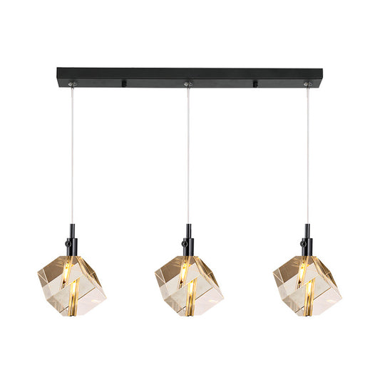 Black Finish Cube Pendant Lighting Simple 3-Light Clear Crystal Glass Multiple Hanging Lamp Clearhalo 'Ceiling Lights' 'Modern Pendants' 'Modern' 'Pendant Lights' 'Pendants' Lighting' 897515