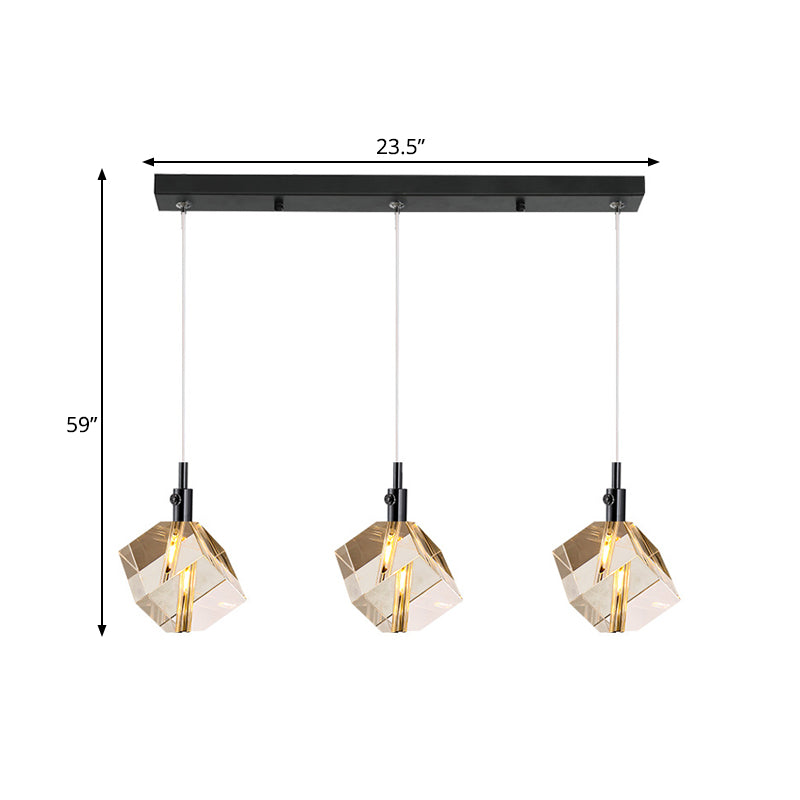 Black Finish Cube Pendant Lighting Simple 3-Light Clear Crystal Glass Multiple Hanging Lamp Clearhalo 'Ceiling Lights' 'Modern Pendants' 'Modern' 'Pendant Lights' 'Pendants' Lighting' 897516