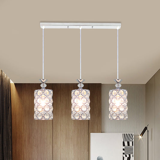 3 Lights Restaurant Hanging Ceiling Lamp Modern Silver Cluster Pendant with Cylinder Crystal Encrusted Shade Clearhalo 'Ceiling Lights' 'Modern Pendants' 'Modern' 'Pendant Lights' 'Pendants' Lighting' 897518