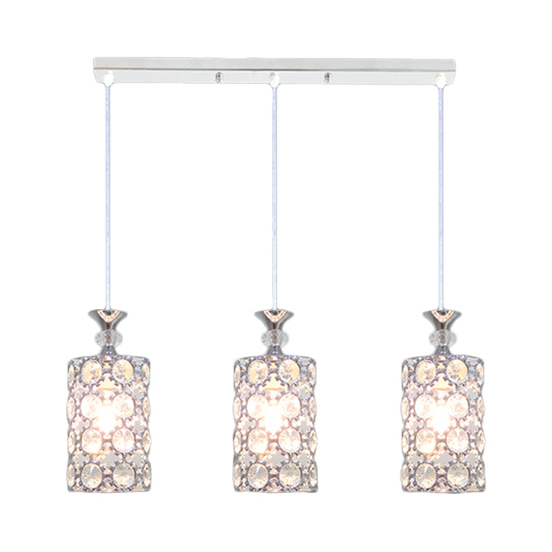 3 Lights Restaurant Hanging Ceiling Lamp Modern Silver Cluster Pendant with Cylinder Crystal Encrusted Shade Clearhalo 'Ceiling Lights' 'Modern Pendants' 'Modern' 'Pendant Lights' 'Pendants' Lighting' 897519