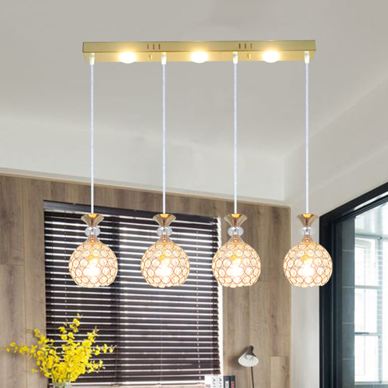 4 Heads Dining Room Multi Ceiling Light Modernist Gold Finish Pendulum Lamp with Globe Crystal Embedded Shade Gold Clearhalo 'Ceiling Lights' 'Modern Pendants' 'Modern' 'Pendant Lights' 'Pendants' Lighting' 897521