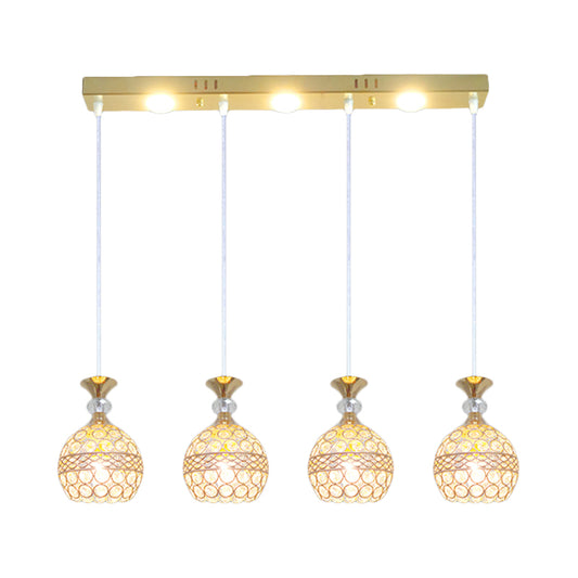 4 Heads Dining Room Multi Ceiling Light Modernist Gold Finish Pendulum Lamp with Globe Crystal Embedded Shade Clearhalo 'Ceiling Lights' 'Modern Pendants' 'Modern' 'Pendant Lights' 'Pendants' Lighting' 897523