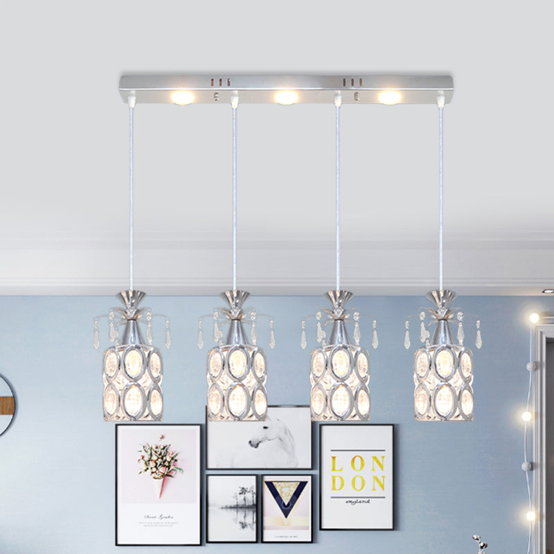 Silver Finish Cylindrical Cluster Light Pendant Modernism 4 Bulbs Crystal Block Suspension Lamp Silver Clearhalo 'Ceiling Lights' 'Modern Pendants' 'Modern' 'Pendant Lights' 'Pendants' Lighting' 897525