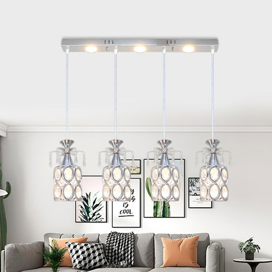 Silver Finish Cylindrical Cluster Light Pendant Modernism 4 Bulbs Crystal Block Suspension Lamp Clearhalo 'Ceiling Lights' 'Modern Pendants' 'Modern' 'Pendant Lights' 'Pendants' Lighting' 897526