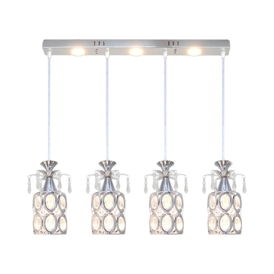 Silver Finish Cylindrical Cluster Light Pendant Modernism 4 Bulbs Crystal Block Suspension Lamp Clearhalo 'Ceiling Lights' 'Modern Pendants' 'Modern' 'Pendant Lights' 'Pendants' Lighting' 897527