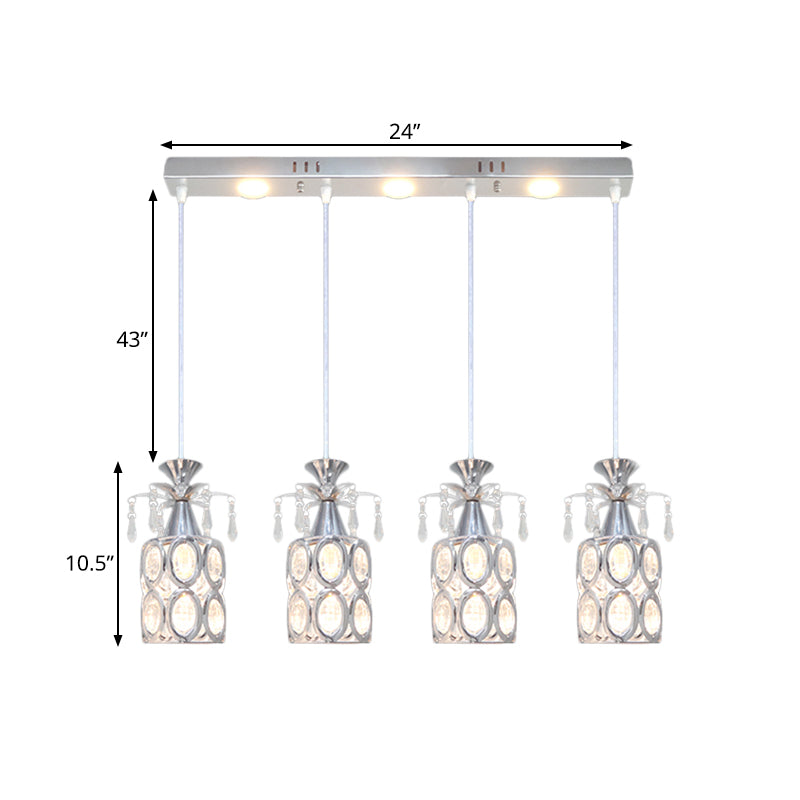 Silver Finish Cylindrical Cluster Light Pendant Modernism 4 Bulbs Crystal Block Suspension Lamp Clearhalo 'Ceiling Lights' 'Modern Pendants' 'Modern' 'Pendant Lights' 'Pendants' Lighting' 897528