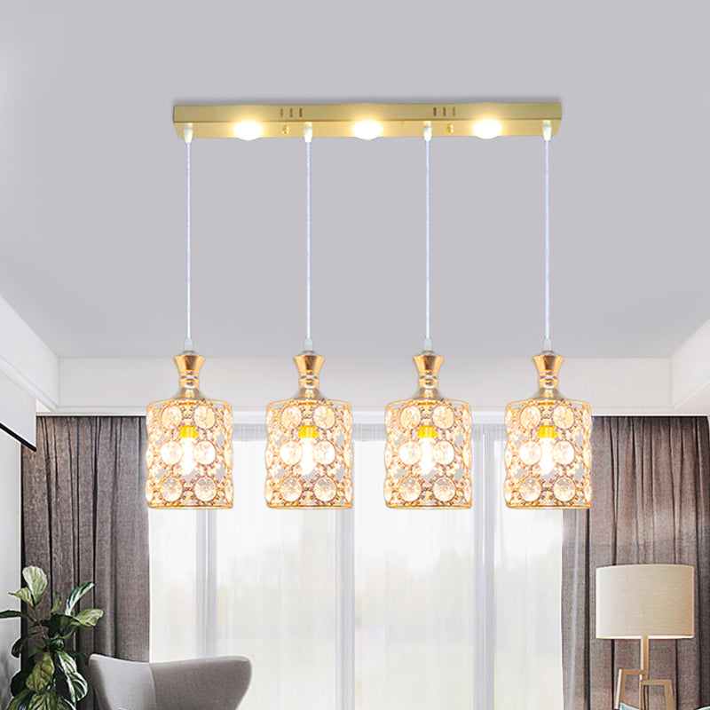 Gold Cylinder Shape Multiple Hanging Light Contemporary 4-Light Beveled K9 Crystal Pendant Clearhalo 'Ceiling Lights' 'Modern Pendants' 'Modern' 'Pendant Lights' 'Pendants' Lighting' 897530