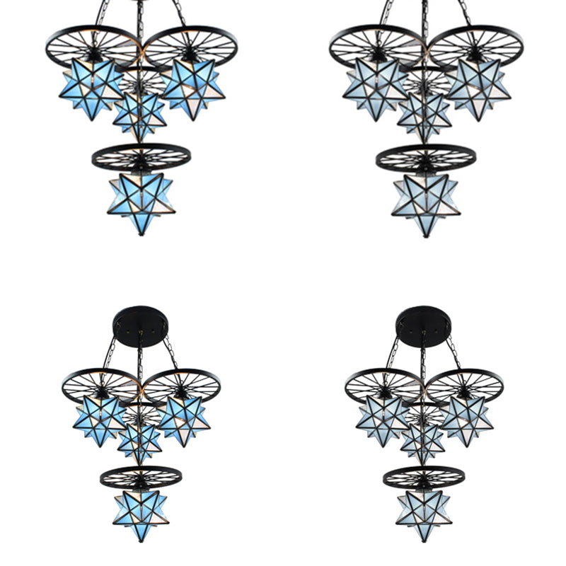 4 Lights Star Pendant Lamp Tiffany Industrial Blue Glass Hanging Light with Wheel Clearhalo 'Ceiling Lights' 'Close To Ceiling Lights' 'Industrial' 'Middle Century Pendants' 'Pendant Lights' 'Pendants' 'Tiffany close to ceiling' 'Tiffany Pendants' 'Tiffany' Lighting' 89776