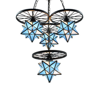4 Lights Star Pendant Lamp Tiffany Industrial Blue Glass Hanging Light with Wheel Clearhalo 'Ceiling Lights' 'Close To Ceiling Lights' 'Industrial' 'Middle Century Pendants' 'Pendant Lights' 'Pendants' 'Tiffany close to ceiling' 'Tiffany Pendants' 'Tiffany' Lighting' 89777