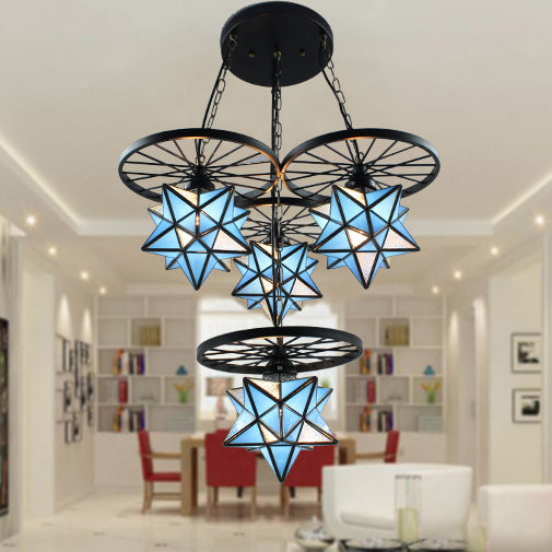 4 Lights Star Pendant Lamp Tiffany Industrial Blue Glass Hanging Light with Wheel Blue Clearhalo 'Ceiling Lights' 'Close To Ceiling Lights' 'Industrial' 'Middle Century Pendants' 'Pendant Lights' 'Pendants' 'Tiffany close to ceiling' 'Tiffany Pendants' 'Tiffany' Lighting' 89778