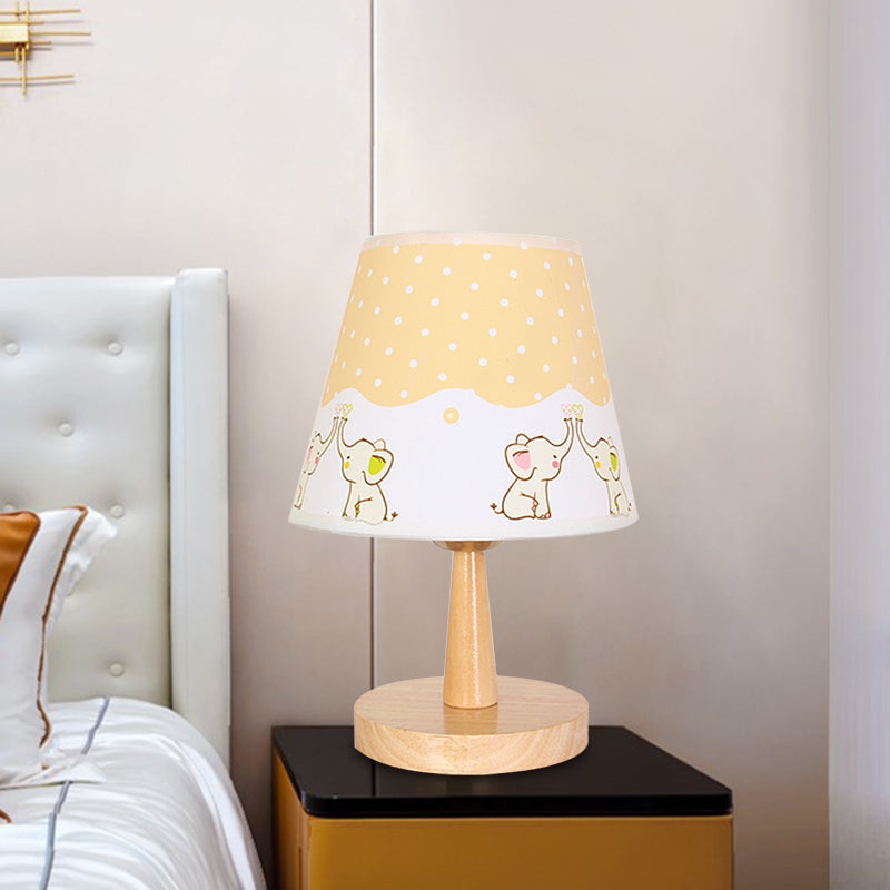 Fabric Conical Table Lamp Cartoon 1 Head Wood Nightstand Light with Airplane/Elephant/Bear Pattern for Bedroom Wood Elephant Clearhalo 'Lamps' 'Table Lamps' Lighting' 898030
